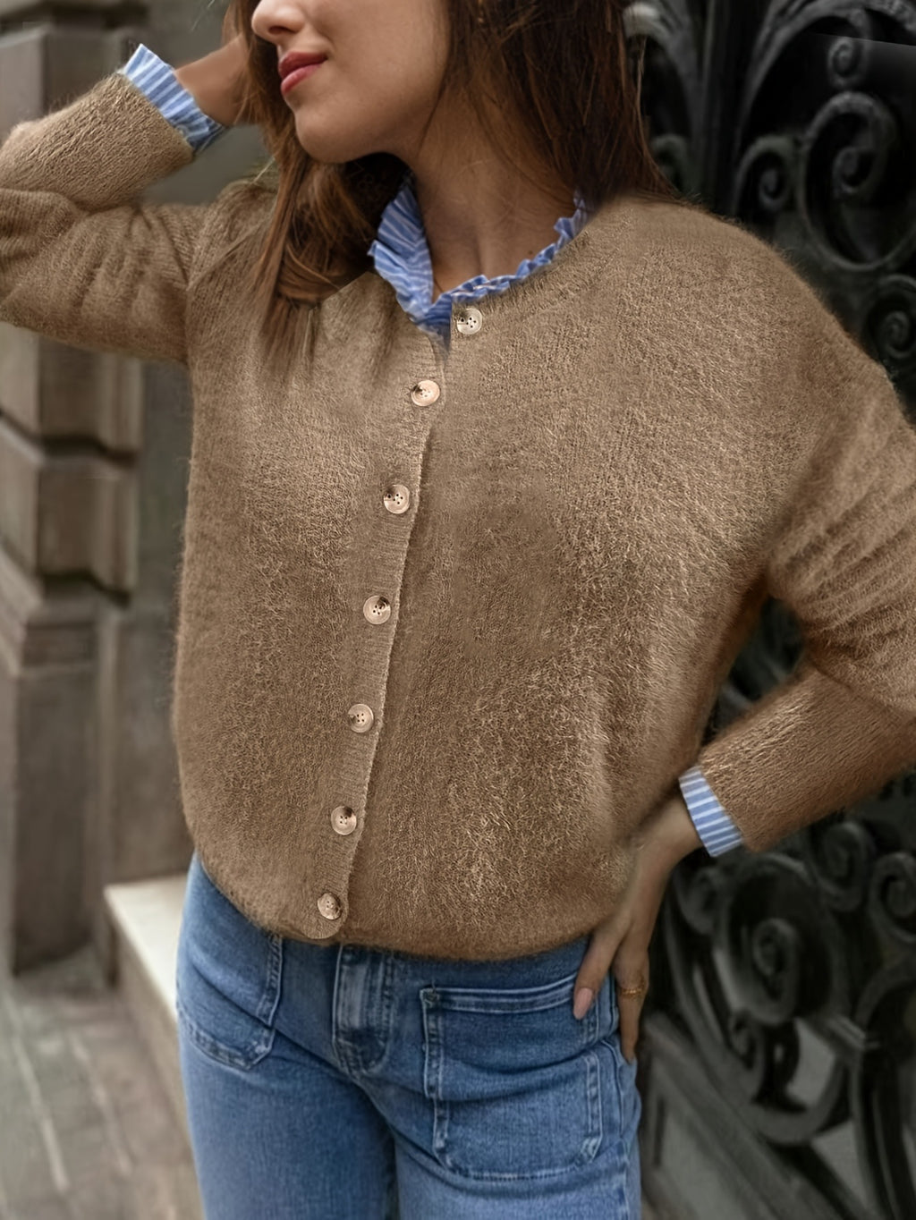 Autumn And Winter New European And American All-matching Loose Casual Solid Color Buttons Knitted Top For Women