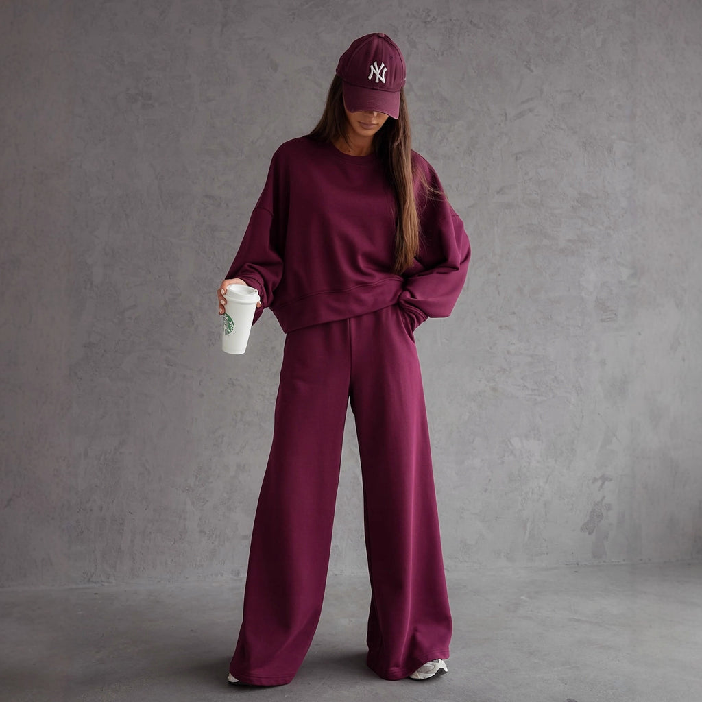 Autumn And Winter Round Neck Long Sleeve Wide Leg Pants Two-piece Set