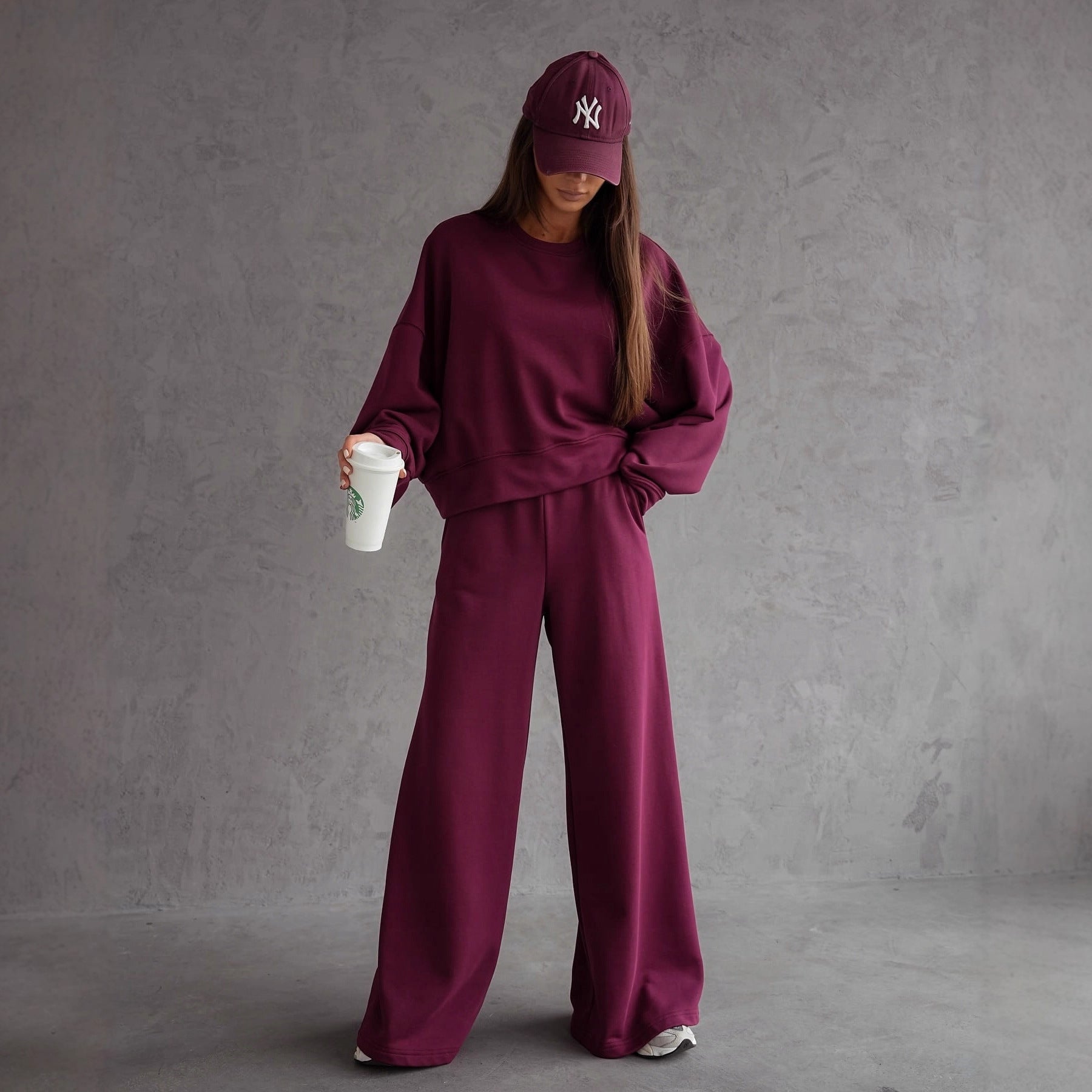 Autumn And Winter Round Neck Long Sleeve Wide Leg Pants Two-piece Set