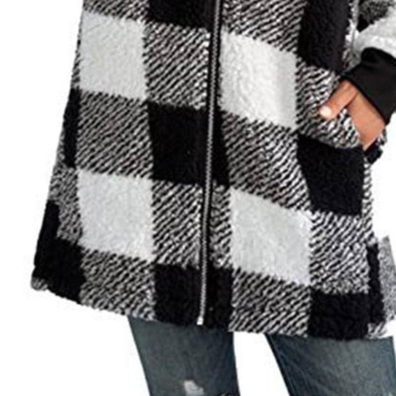 Women's Plaid Hooded Jacket, Long Sleeve Zip Up Oversized Coat With Pockets For Winter Casual And Commute