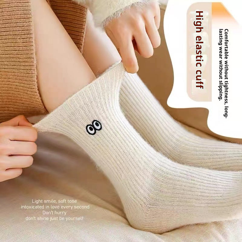 Autumn And Winter Small Eyes Mid-calf Plus Velvet Socks