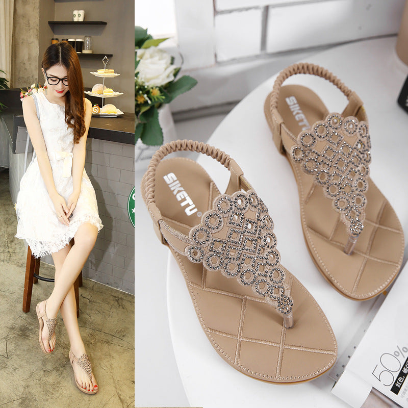 Japanese Sandals Summer Women Embroidered Thread Rhinestone Flat Shoes Large Size Flat Shoes