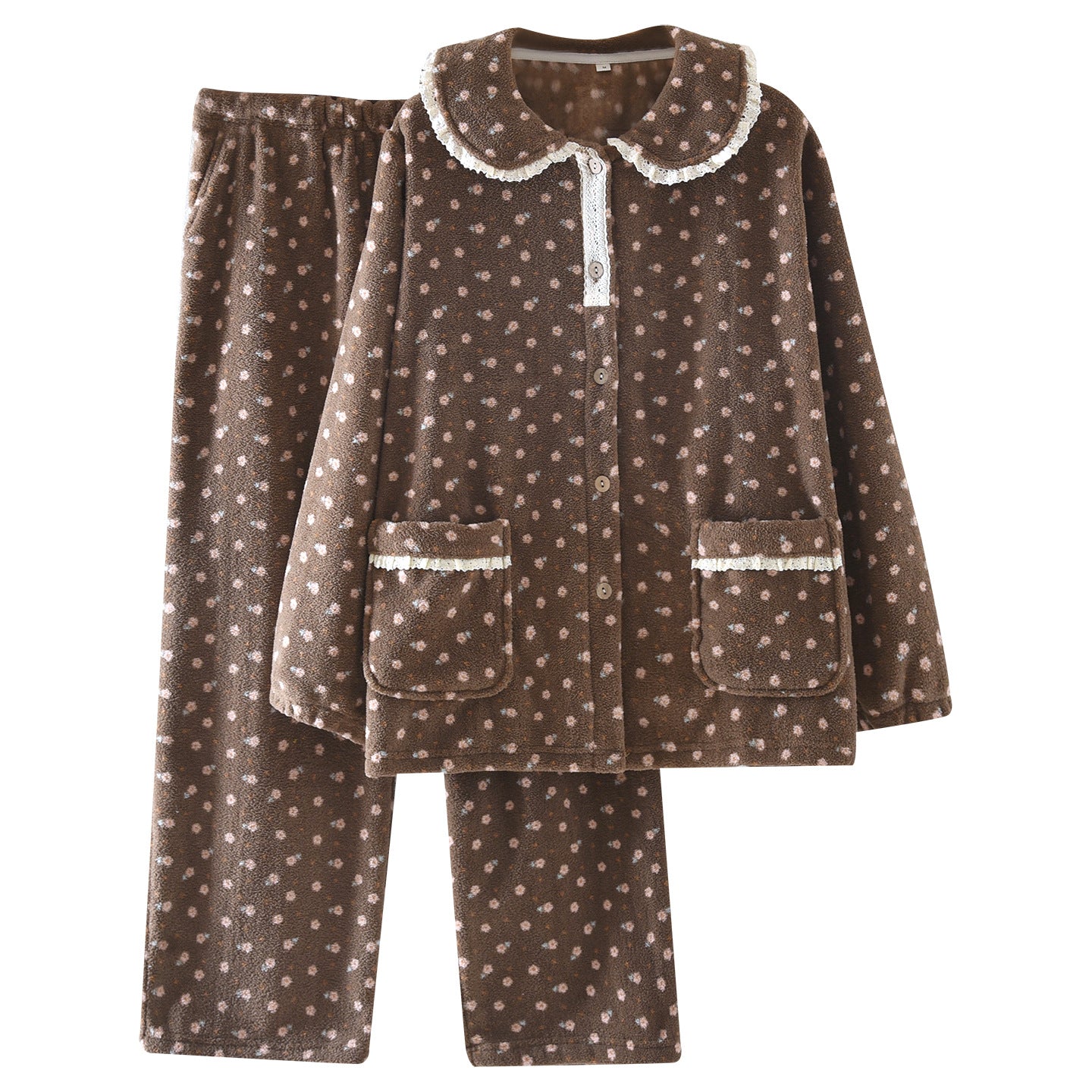 Lace Jacquard Sweet Cute Coral Fleece Pajamas Autumn And Winter Warm Loungewear