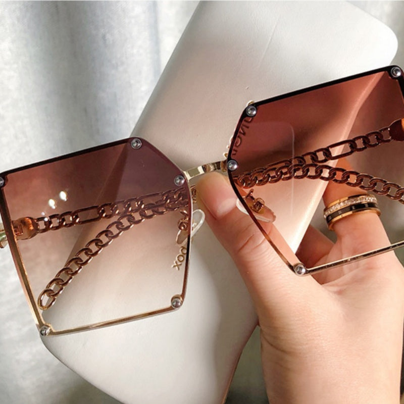 Frameless Big Square Sunglasses Women Fashion Personality Metal Chain Trendy Glasses