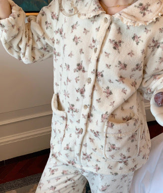 Lace Jacquard Sweet Cute Coral Fleece Pajamas Autumn And Winter Warm Loungewear