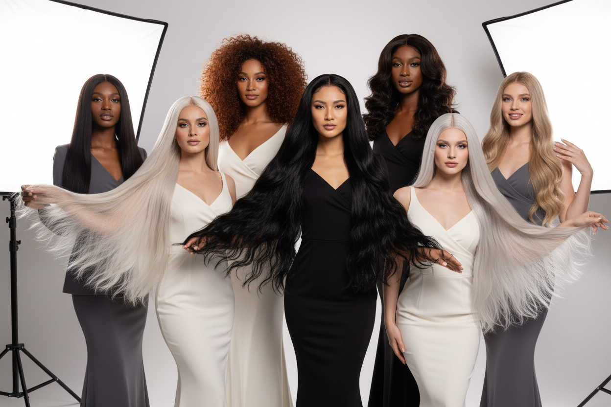 create 424*369 img of  fashion hair models .5 6 models wearing wigs longg heavy