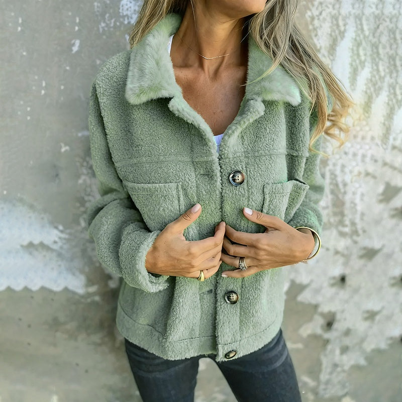 Plus Size Women's Solid Color Sherpa Jacket, Long Sleeve Lapel Single Breasted Fleece Coat With Pockets For Autumn Winter