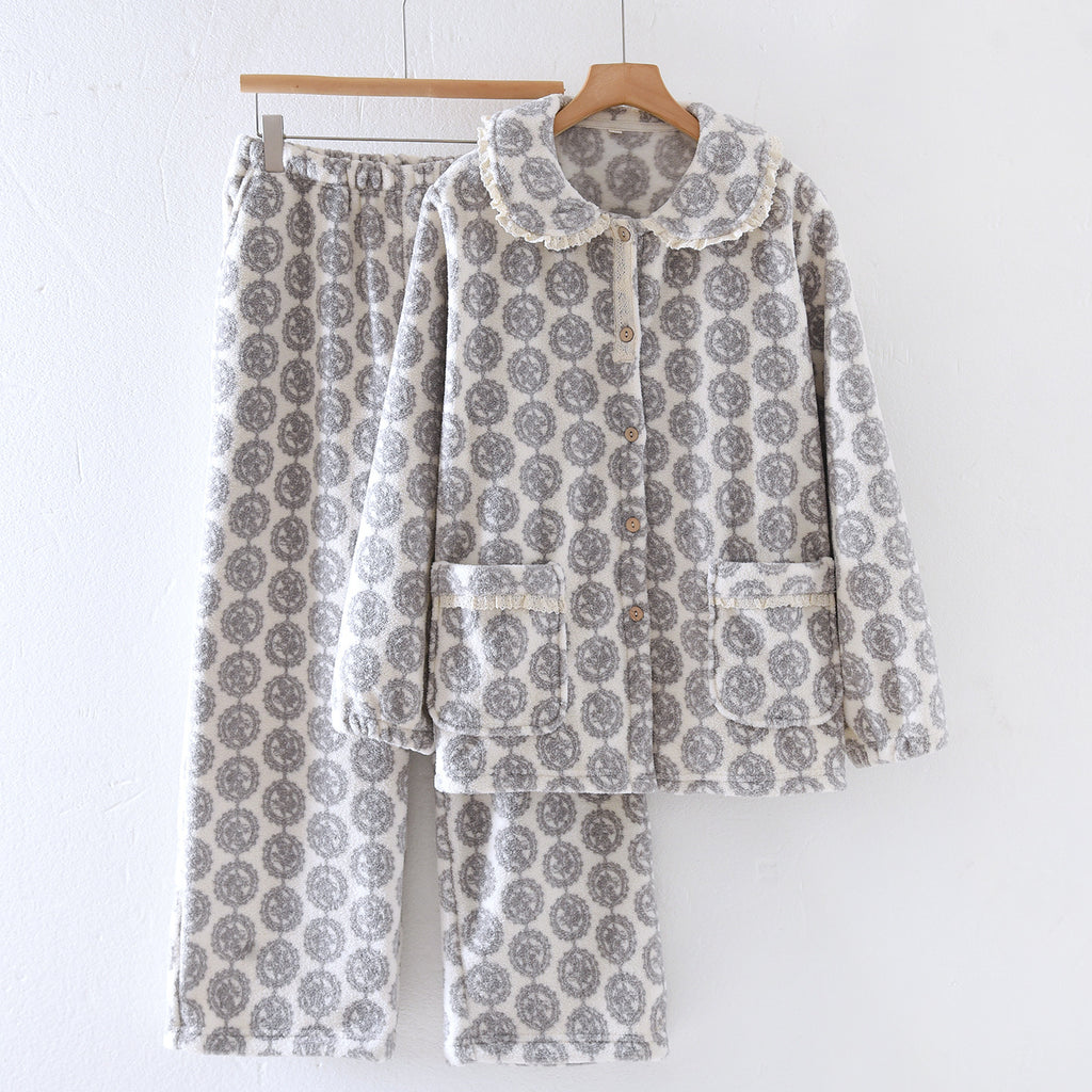 Lace Jacquard Sweet Cute Coral Fleece Pajamas Autumn And Winter Warm Loungewear