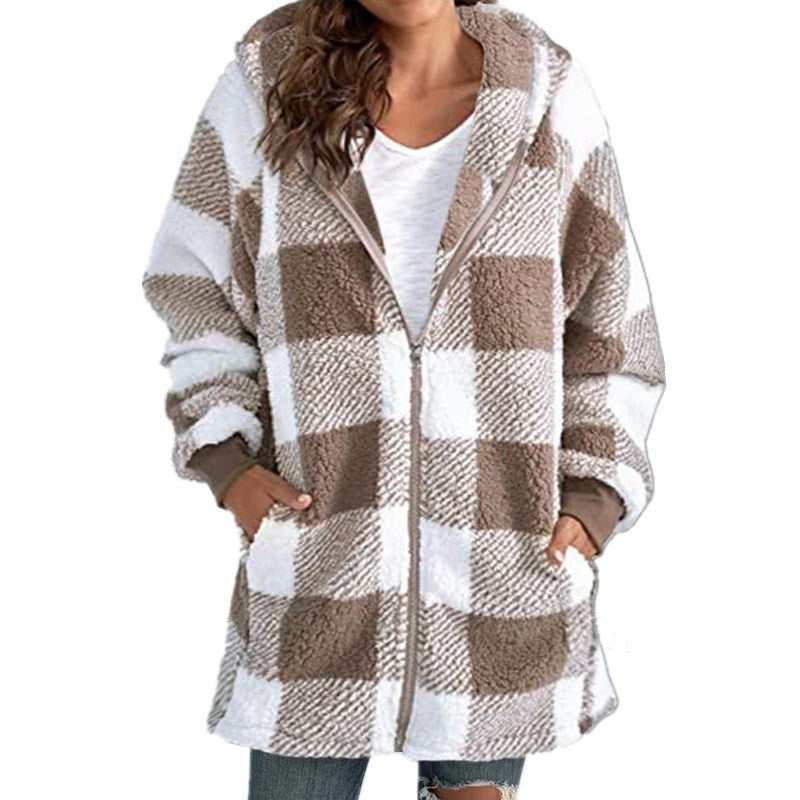Women's Plaid Hooded Jacket, Long Sleeve Zip Up Oversized Coat With Pockets For Winter Casual And Commute