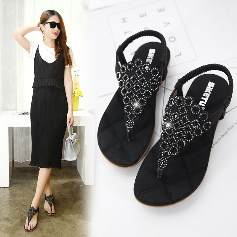 Japanese Sandals Summer Women Embroidered Thread Rhinestone Flat Shoes Large Size Flat Shoes